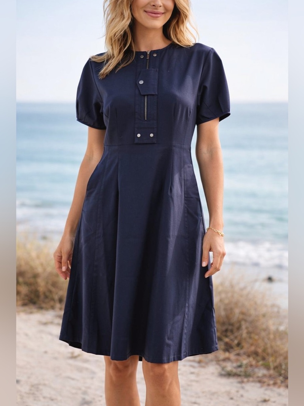 Banana Republic Navy Blue A-Line Dress XS | Short Sleeve Zip Front Pocket Dress